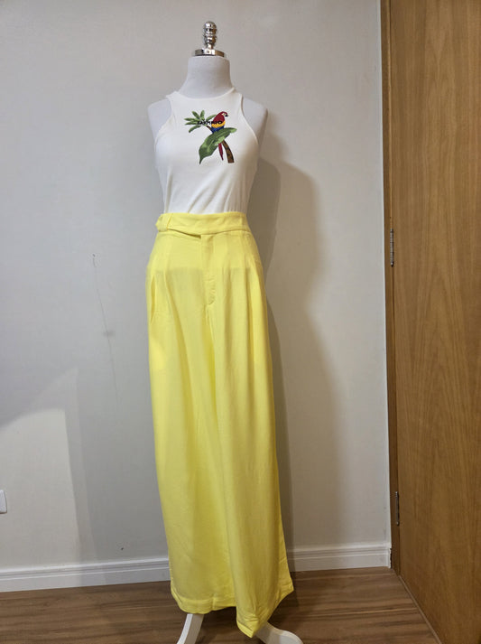 Calça Farm Reta Pregas Amarelo