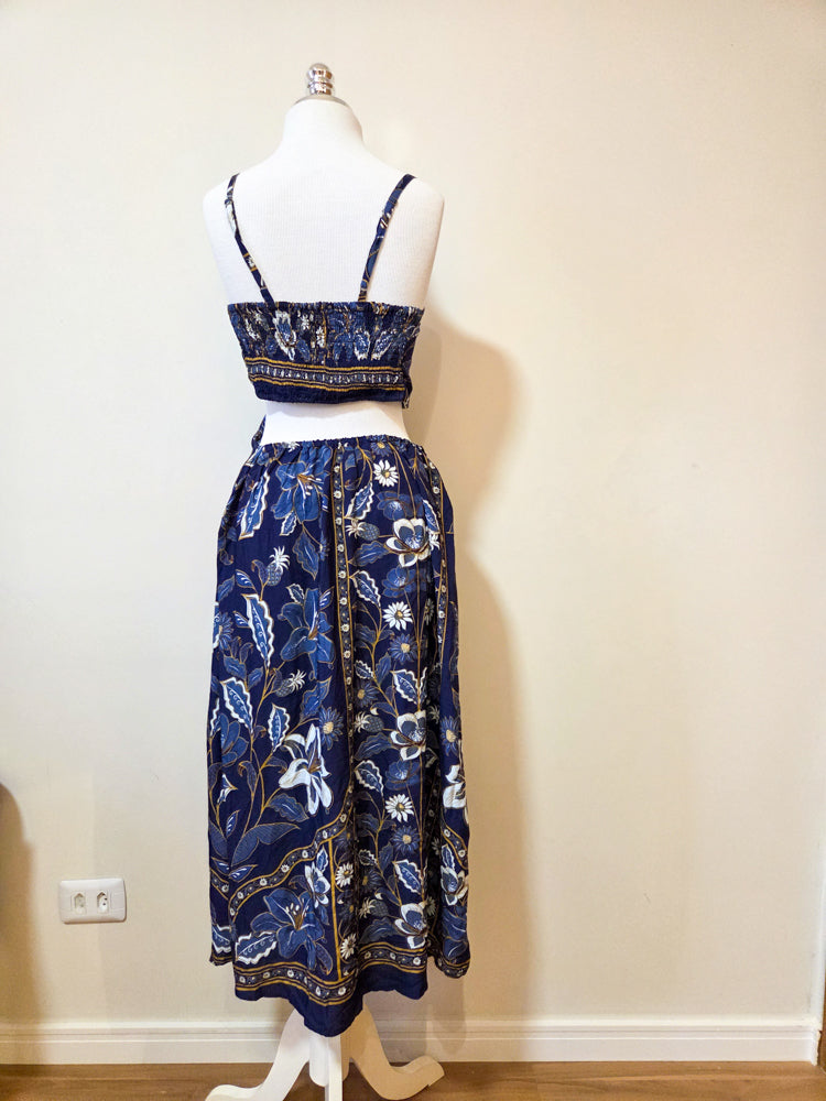 Vestido Farm Floral Azul Decote Cintura