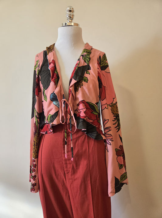 Blusinha Farm Curta Floral Manga Longa e Larga