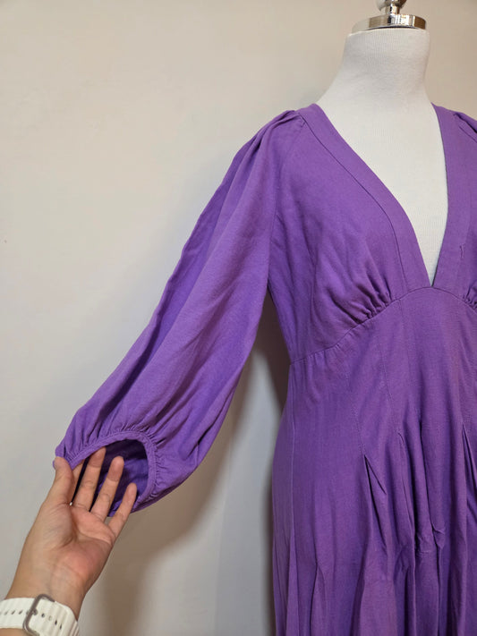 Vestido Farm Mangas Pregas Lilás Salvia