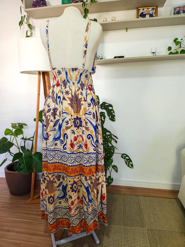 Vestido JMS Estampado Floral e Tucanos Fundo Claro