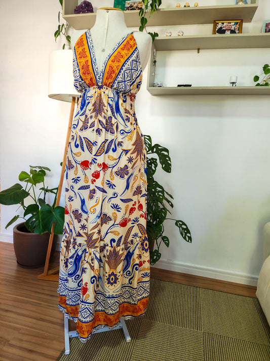 Vestido JMS Estampado Floral e Tucanos Fundo Claro