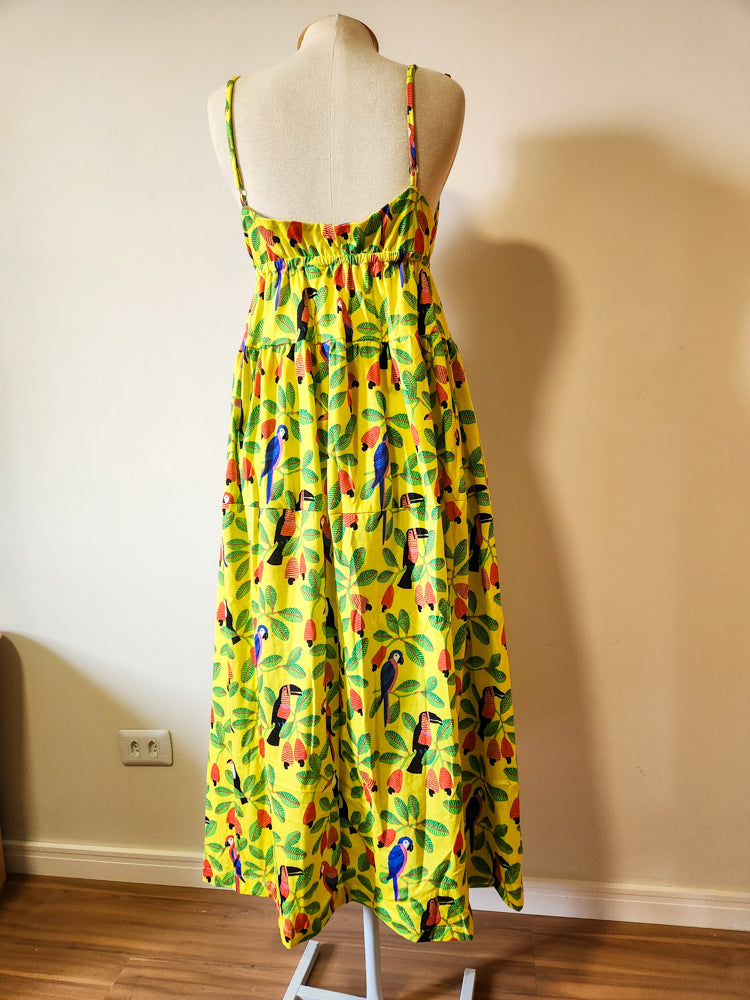 Vestido Farm Midi Cajus e Tucanos Fundo Amarelo