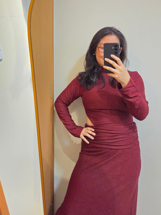 Vestido Farm Manga Comprida Vinho Assimétrico Golinha