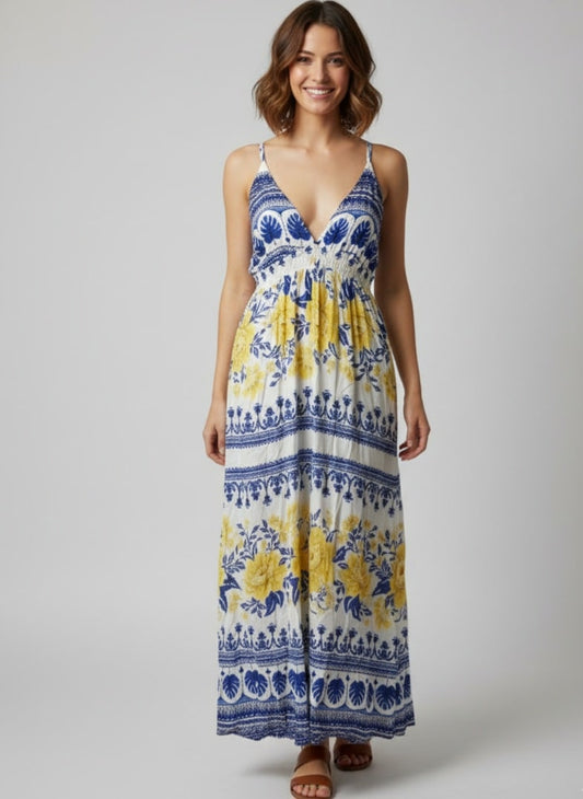 Vestido Farm Floral Amarelo com Azul