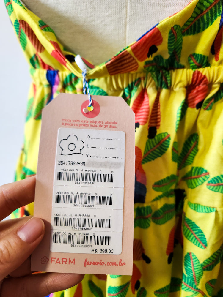 Vestido Farm Midi Cajus e Tucanos Fundo Amarelo