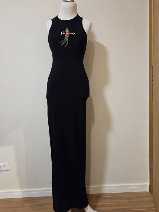 Vestido Farm Rio Preta com Estampa de Passarinho e Bordado