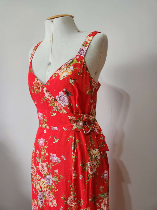 Vestido Vermelho Floral com Fenda e Bolsos – Viscose