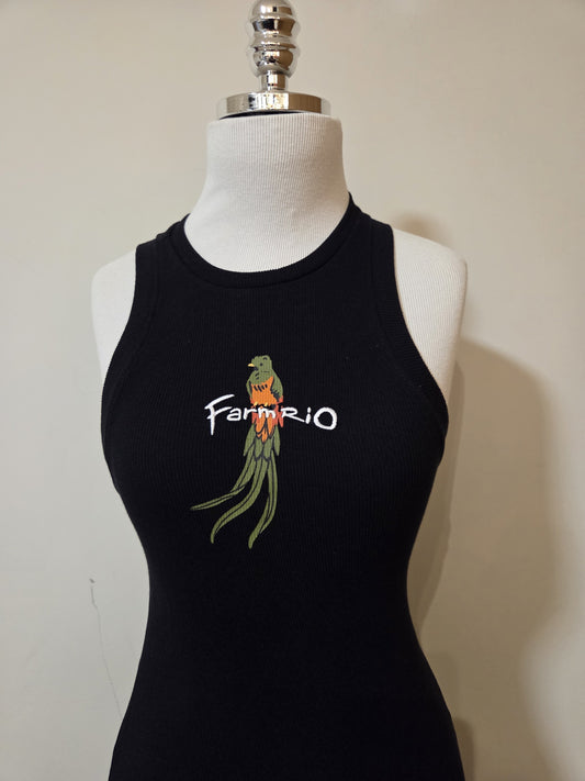 Vestido Farm Rio Preta com Estampa de Passarinho e Bordado