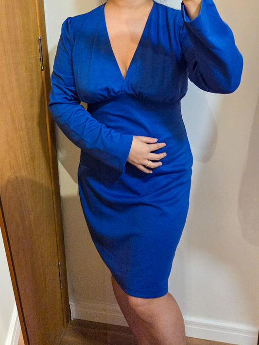 Vestido Fiveblue Curto Azul Liso Manga Longa