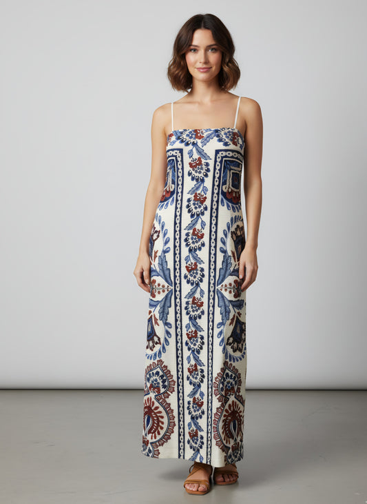 Vestido Farm Floral Azul e Vermelho Canelado