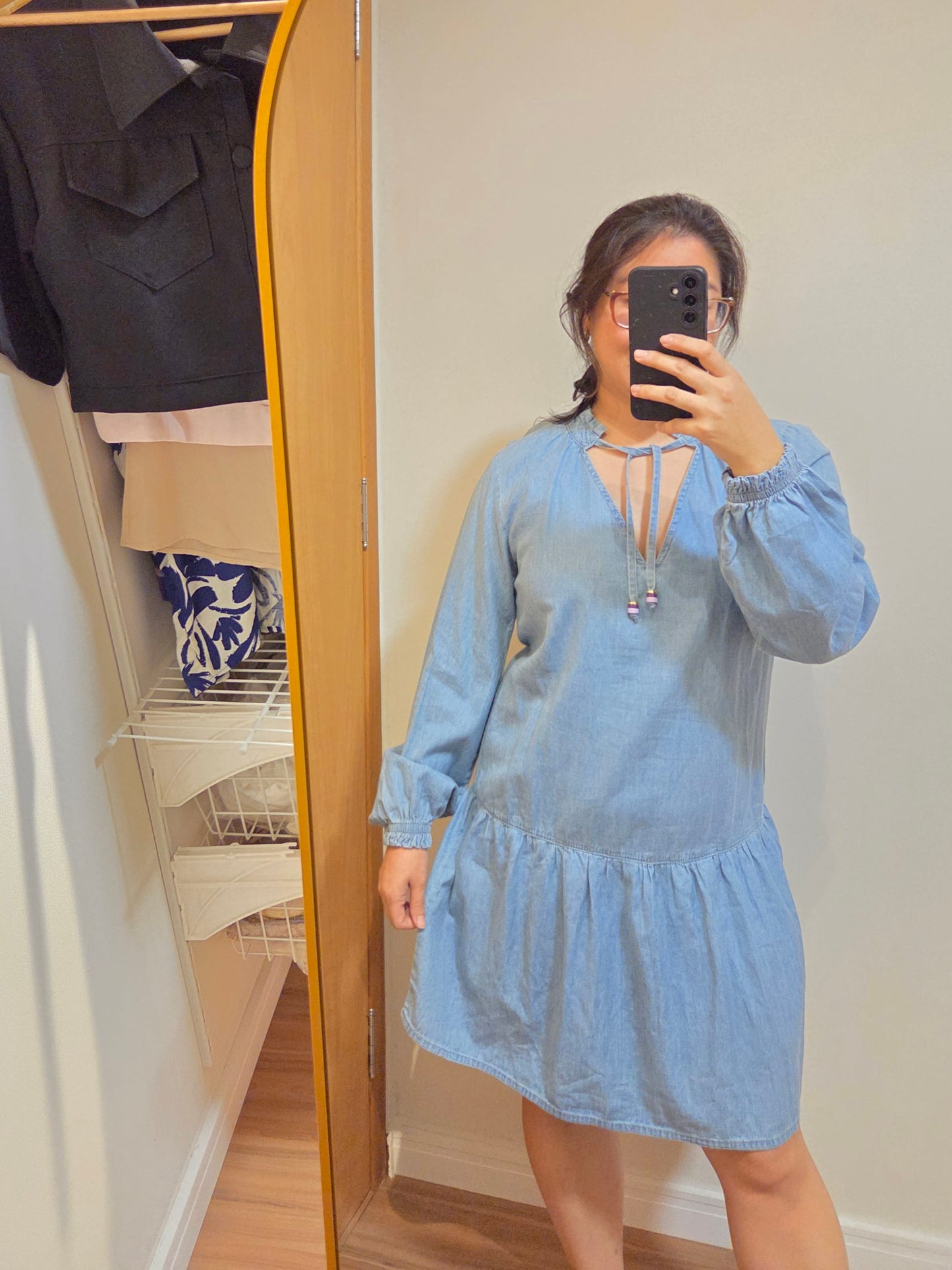 Vestido Maria Filó Curto Jeans Manga Comprida