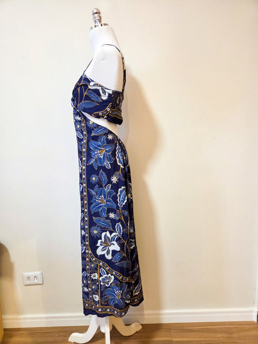 Vestido Farm Floral Azul Decote Cintura