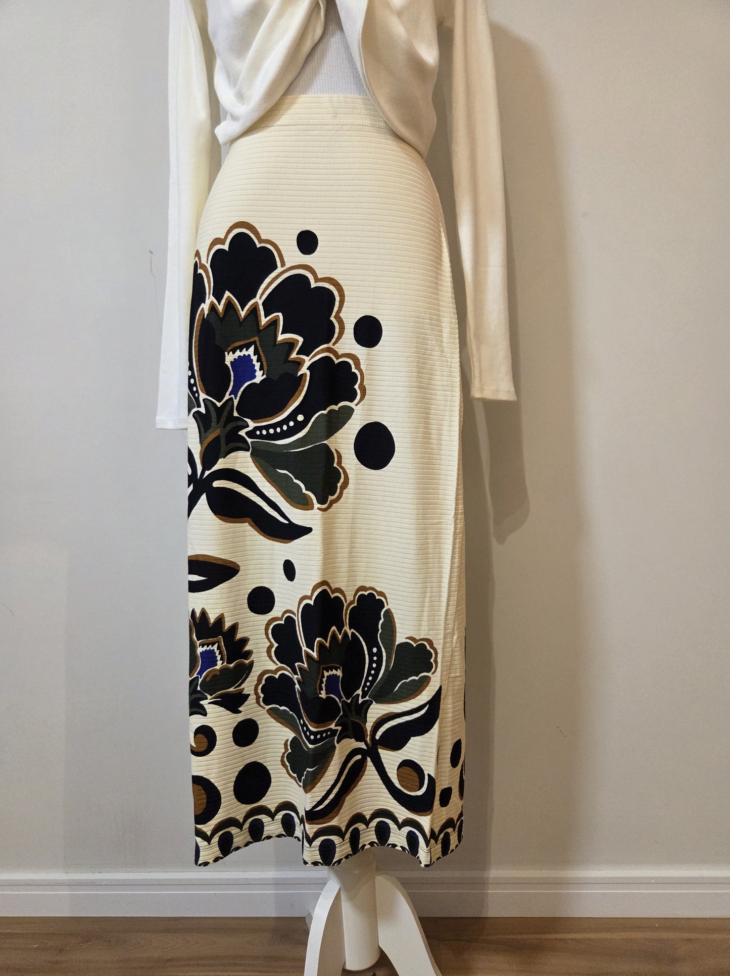 Saia Farm Midi Canelada off White com Floral Verde