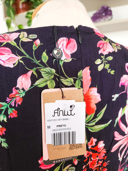 Vestido Antix Midi Floral com Fundo Preto