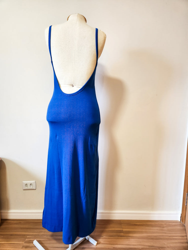 Vestido Farm Azul Liso Canelado