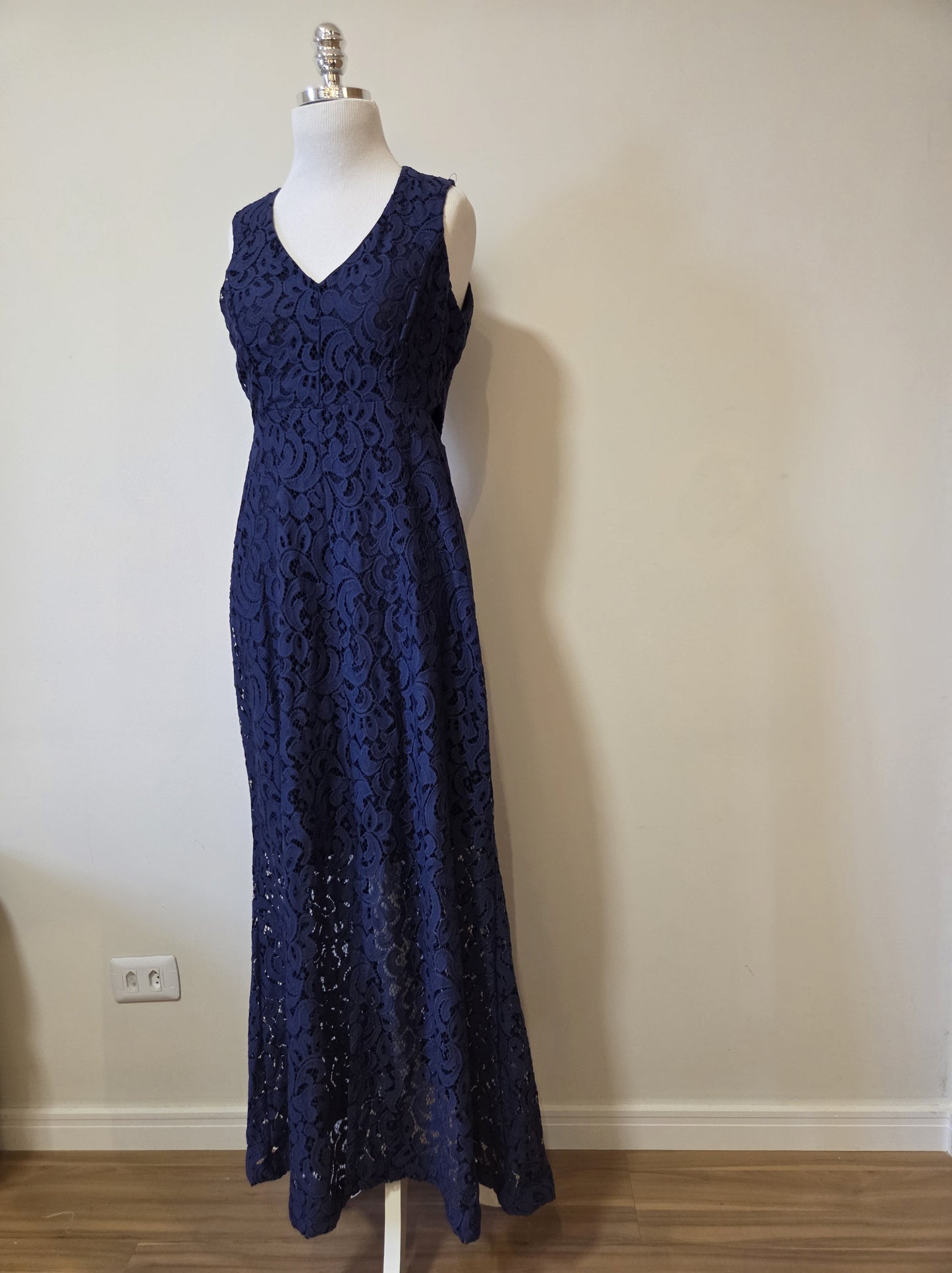 Vestido A Gestante Rendado Azul Marinho