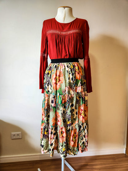 Saia Estampada Floral Multi Colorida com Babados