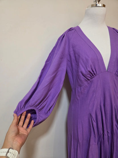 Vestido Farm Mangas Pregas Lilás Salvia