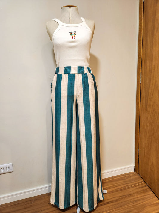 Calça Pantalona Verde e Off Listrada