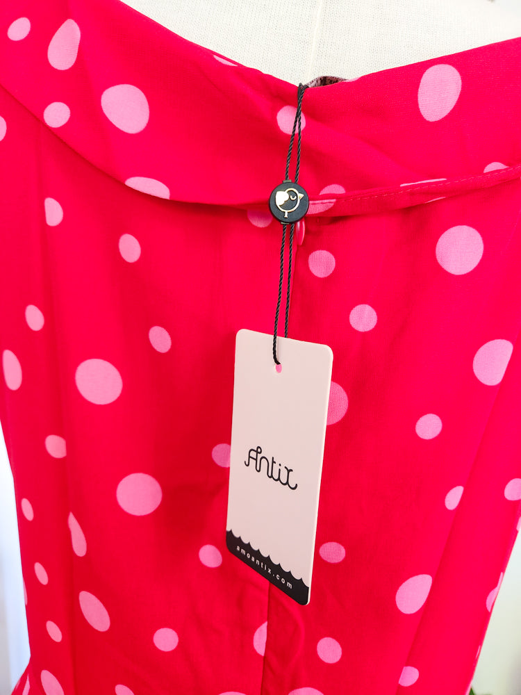 Vestido Antix Midi Vermelho e Poás Rosa