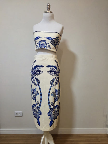 Conjunto Farm Top e Saia Coqueiro Tropical Azul e Branco