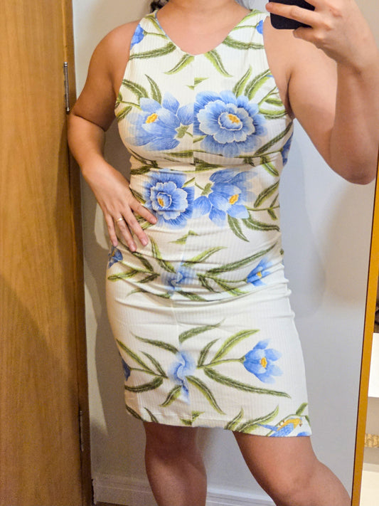 Vestido Farm Canelado Azul Floral