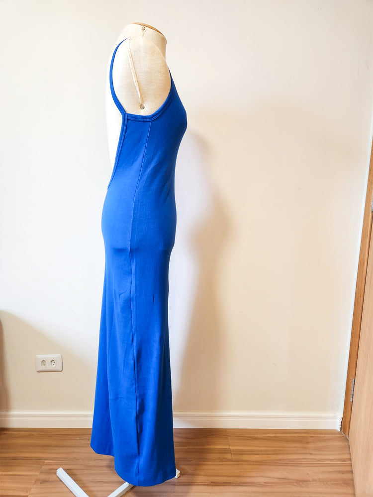Vestido Farm Azul Liso Canelado
