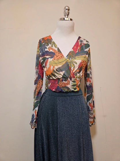 Blusinha Blue Steel Floral Tule Manga Comprida
