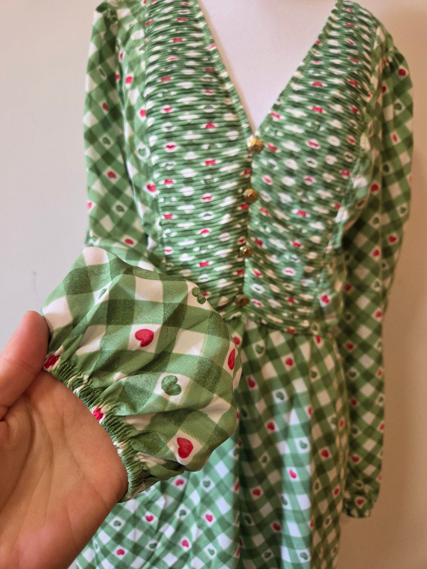 Vestido Midi Antix Jolie Verde | Estampa Xadrez e Corações