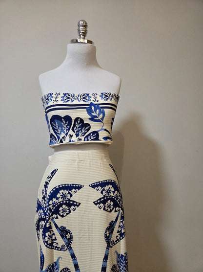 Conjunto Farm Top e Saia Coqueiro Tropical Azul e Branco