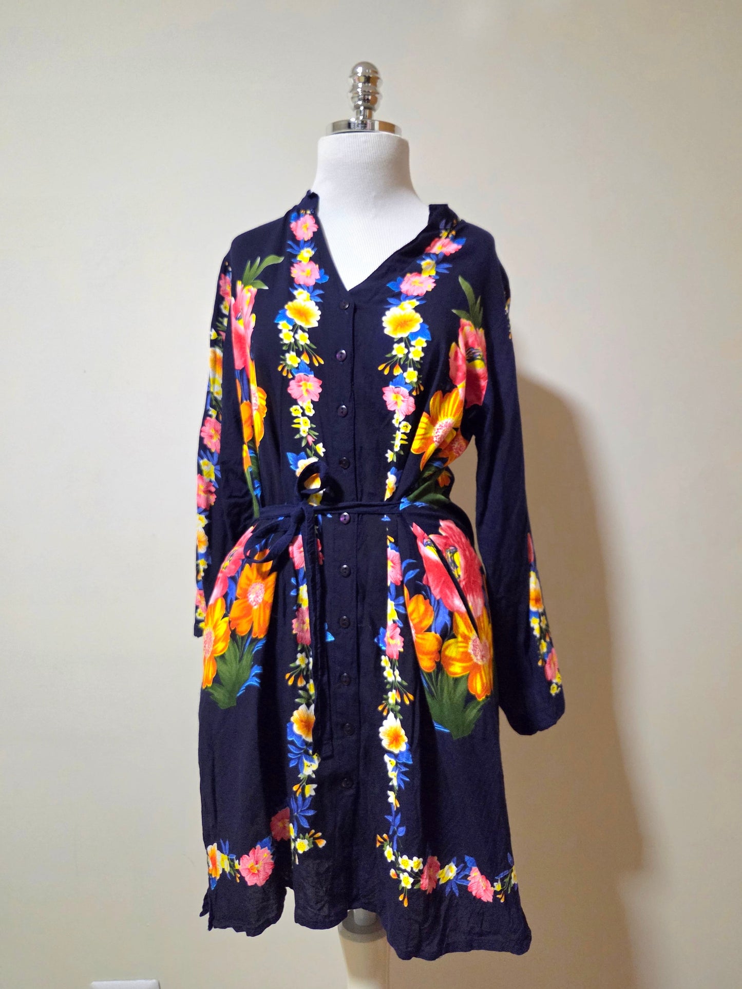 Vestido Chemise Mahamaya Fashion Azul Marinho Floral