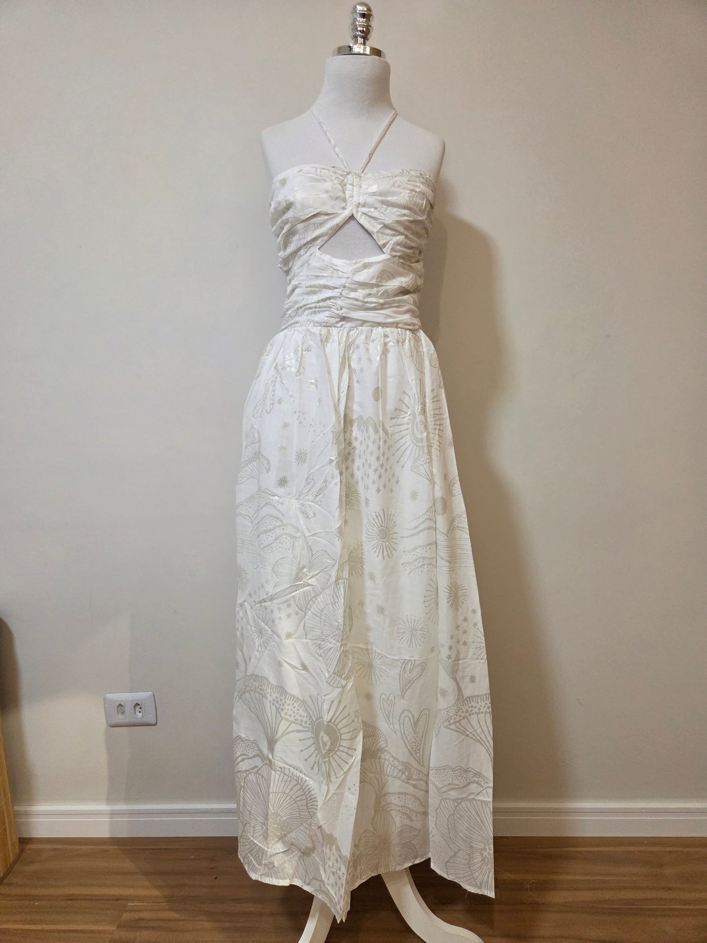 Vestido Farm Jardim Místico Foil Bege