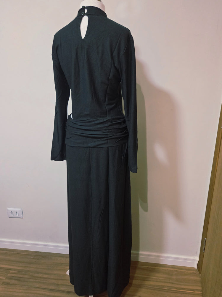 Vestido Farm Manga Comprida Verde Escuro Liso