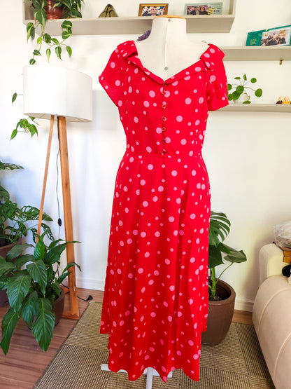 Vestido Antix Midi Vermelho e Poás Rosa