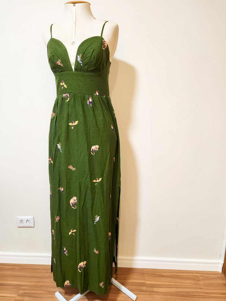 Vestido Farm Alcinha Verde Estampa de Animais