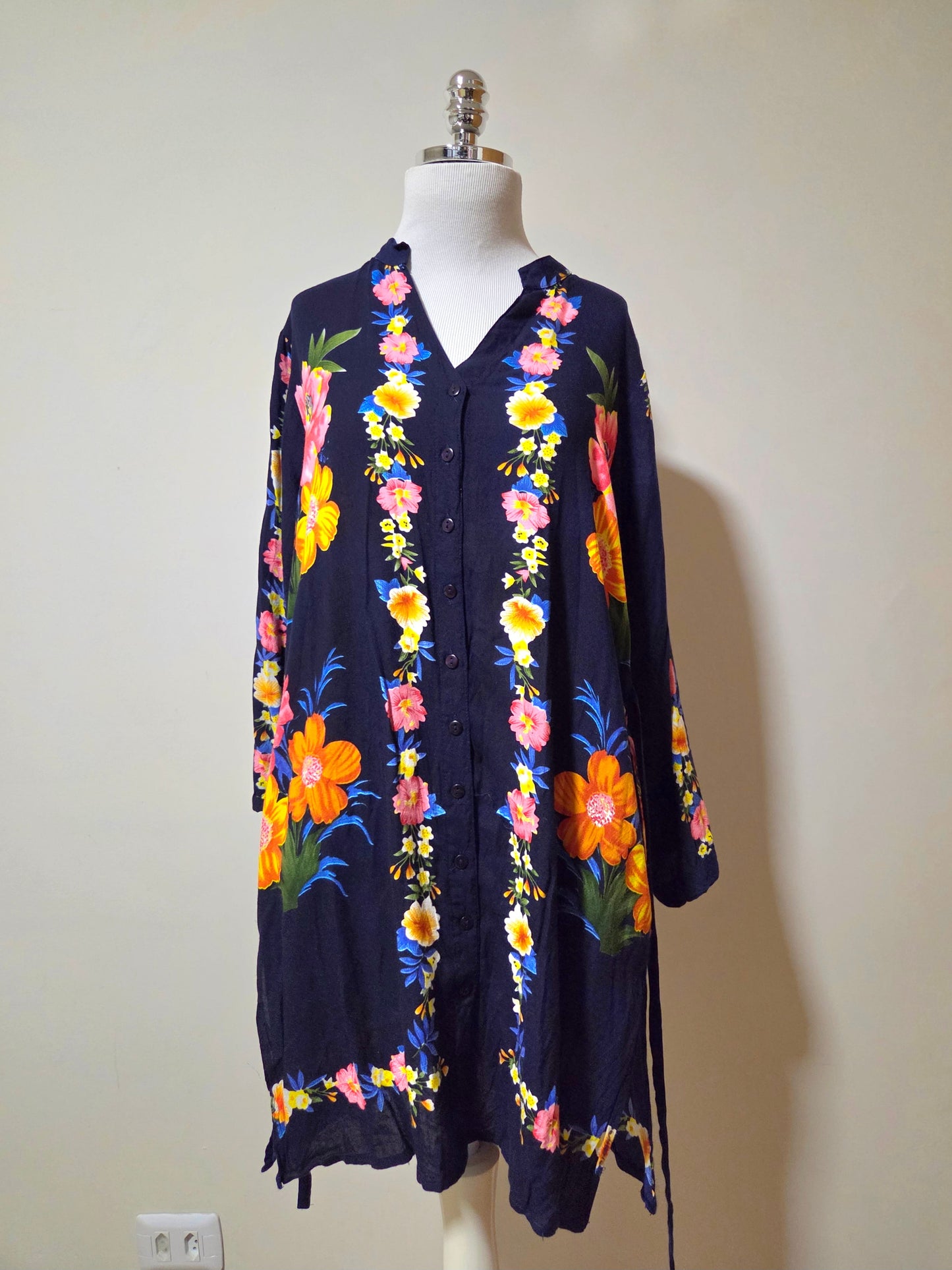 Vestido Chemise Mahamaya Fashion Azul Marinho Floral