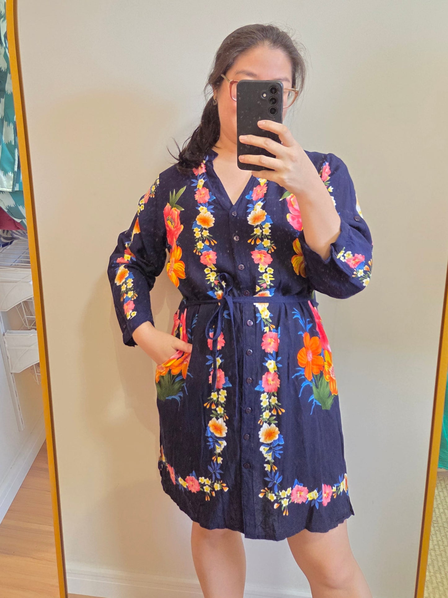 Vestido Chemise Mahamaya Fashion Azul Marinho Floral