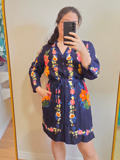Vestido Chemise Mahamaya Fashion Azul Marinho Floral