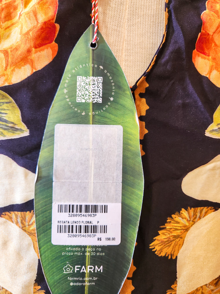 Regata Farm Floral Laranja e Creme Fundo Preto