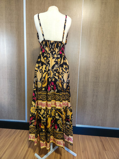 Vestido JMS Estampado Floral e Tucanos Fundo Preto