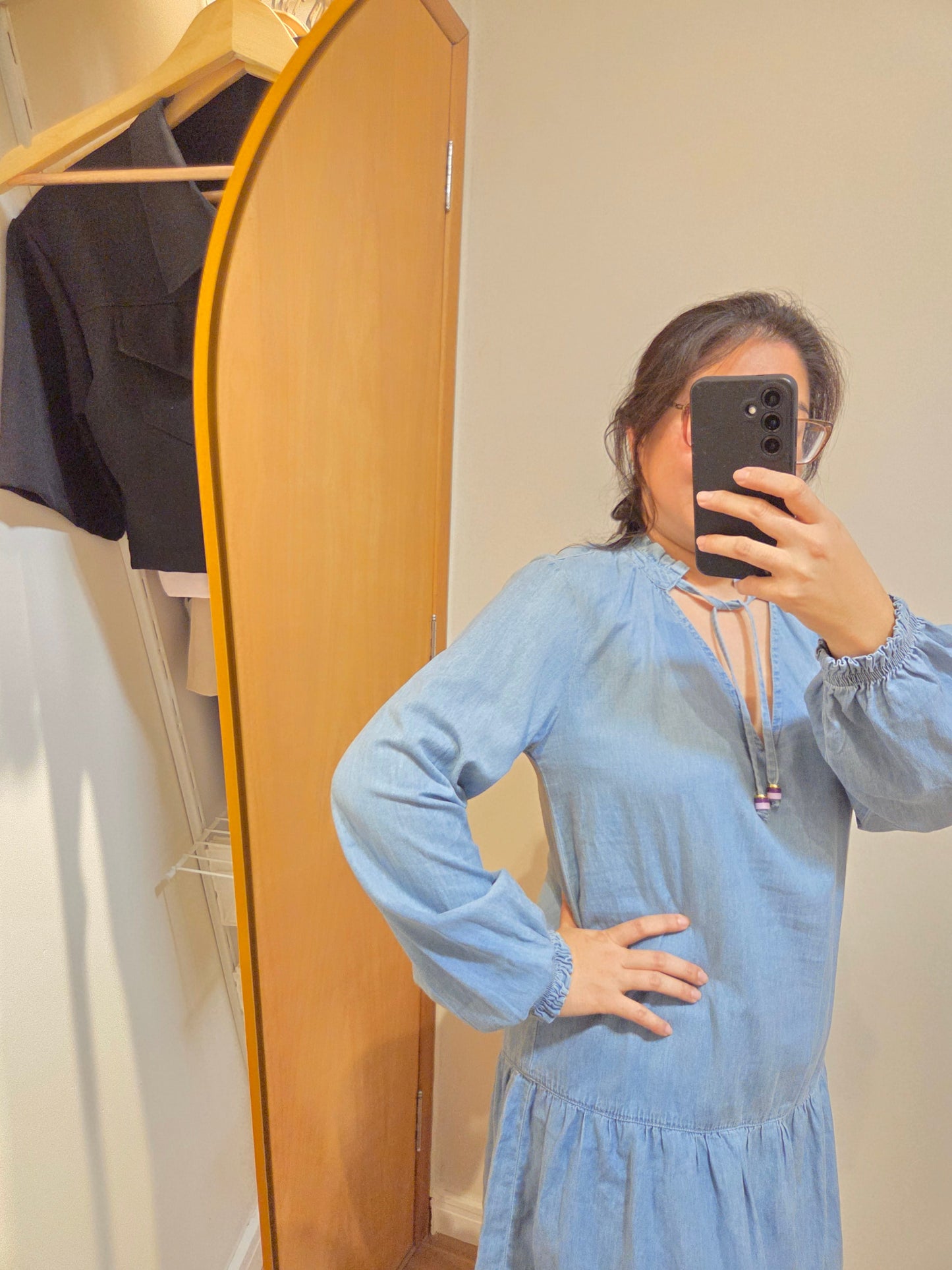 Vestido Maria Filó Curto Jeans Manga Comprida