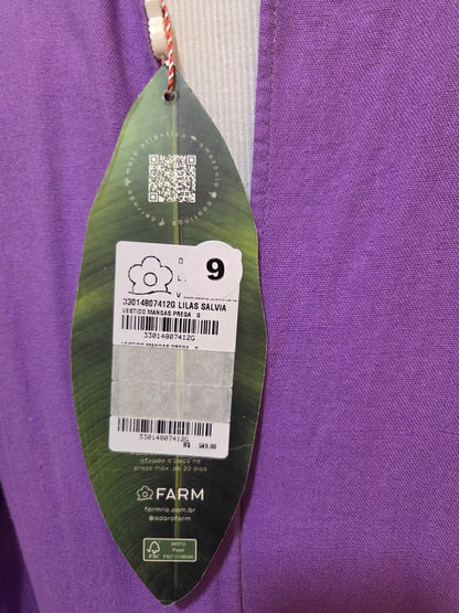 Vestido Farm Mangas Pregas Lilás Salvia