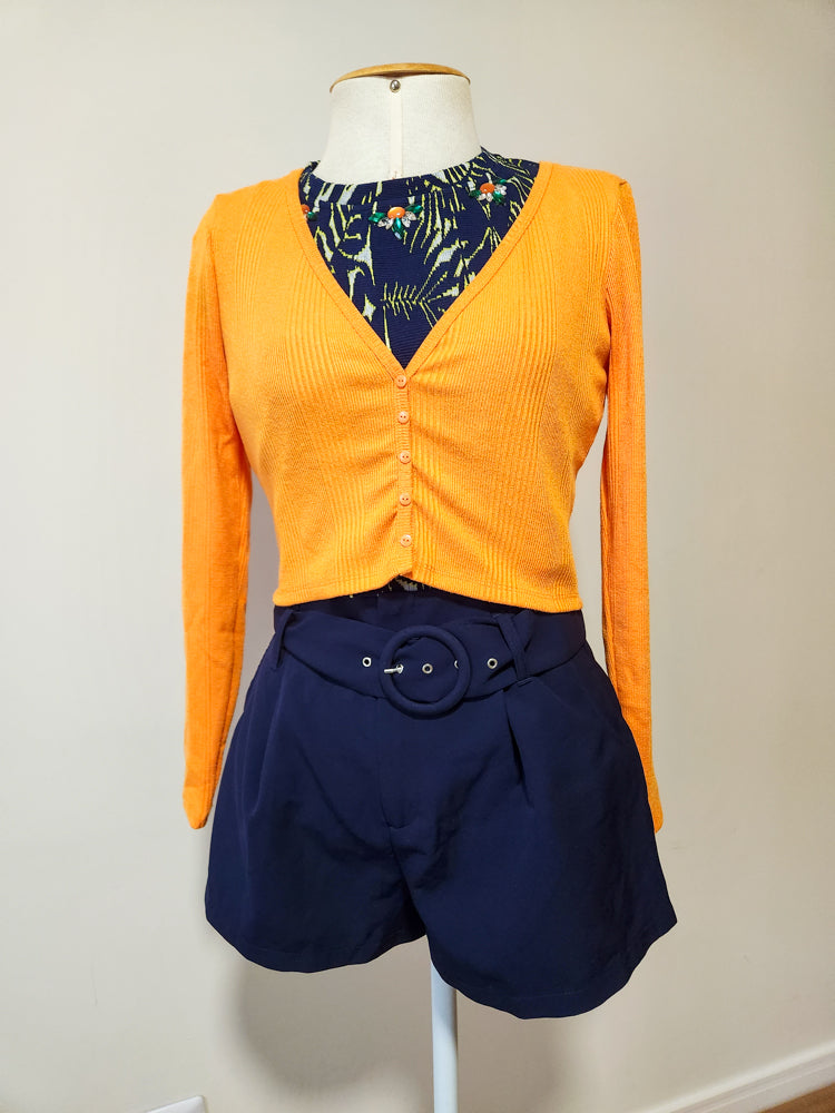 Cardigã Zara Cropped Laranja Canelado