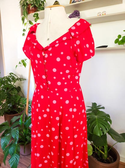 Vestido Antix Midi Vermelho e Poás Rosa