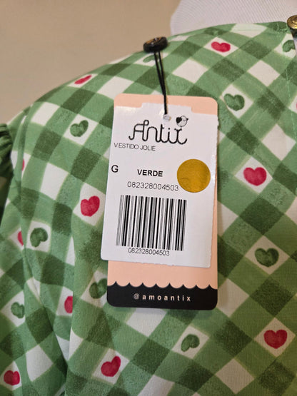 Vestido Midi Antix Jolie Verde | Estampa Xadrez e Corações