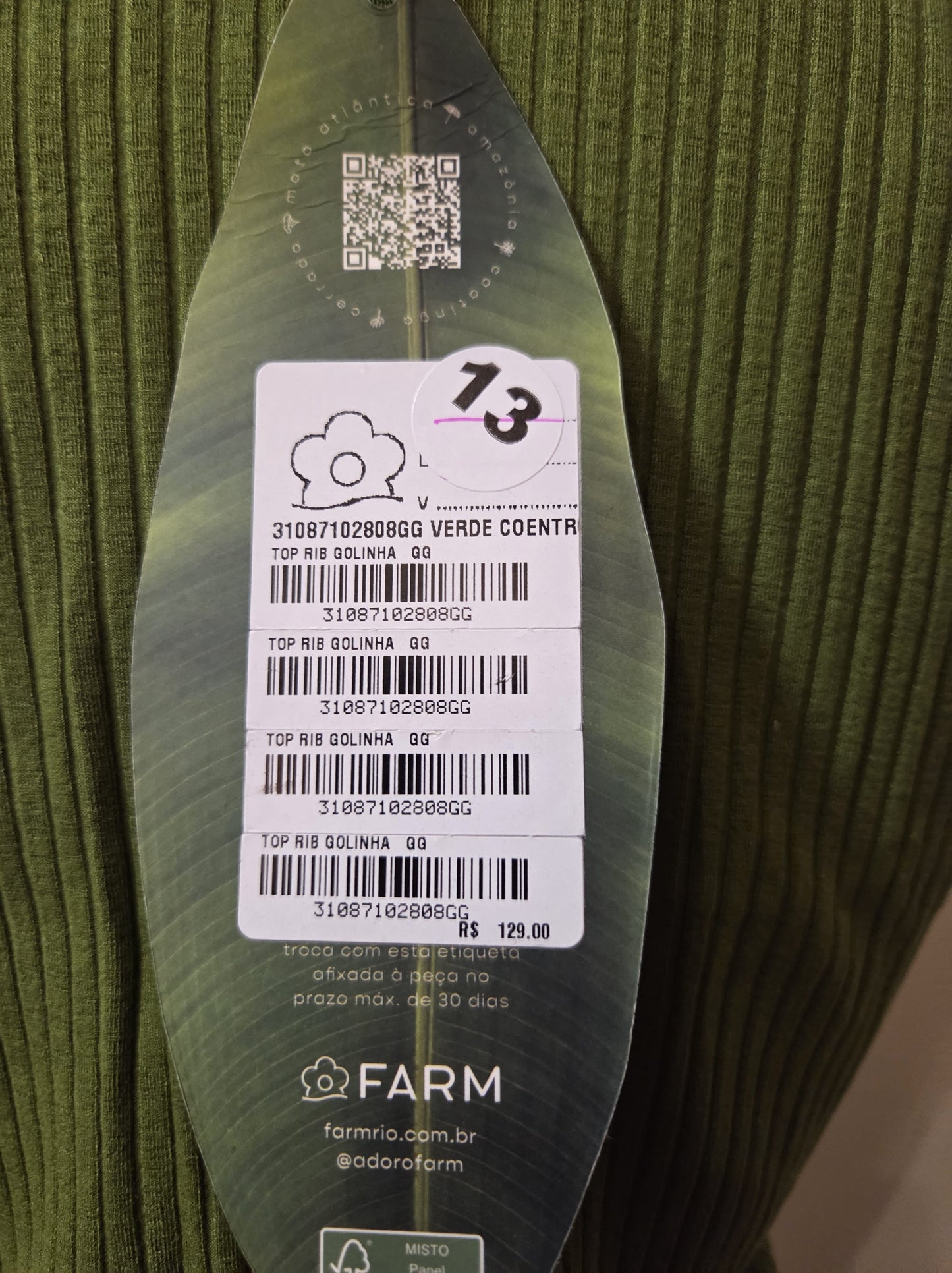 Regata Farm Básica Verde Musgo Liso Canelada