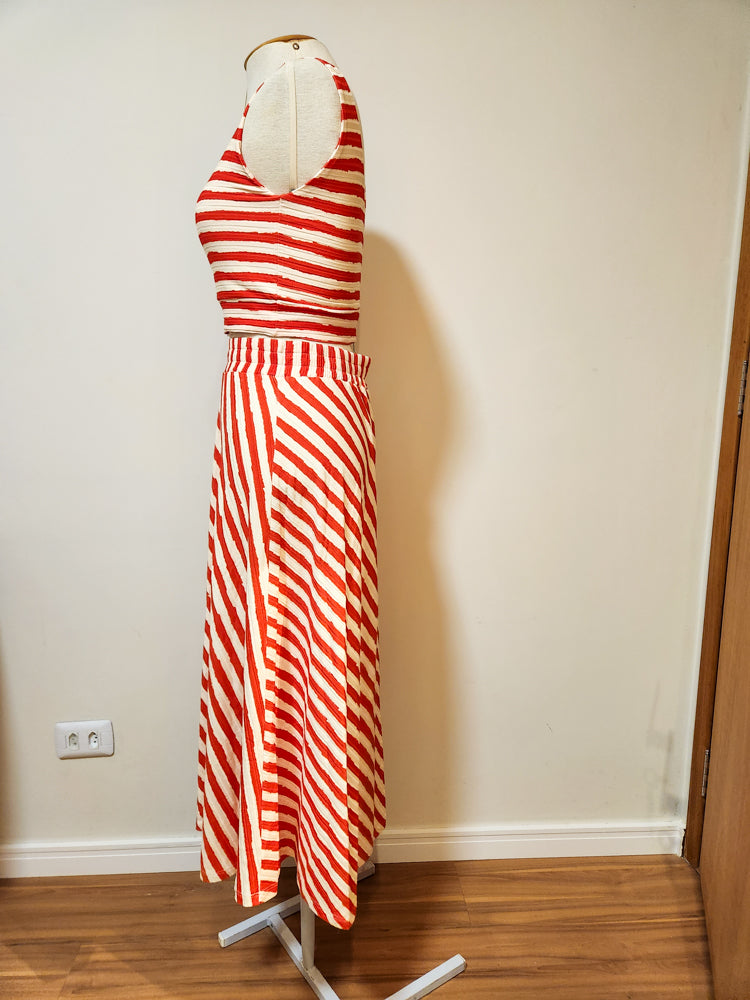 Conjunto Farm Top e Saia Listrados