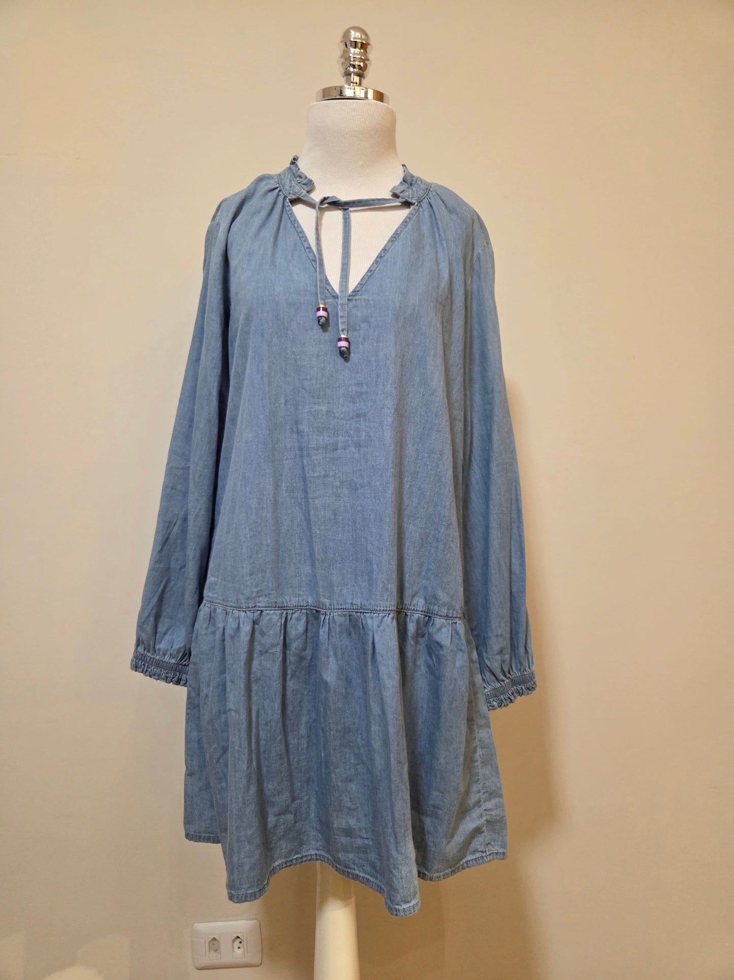 Vestido Maria Filó Curto Jeans Manga Comprida