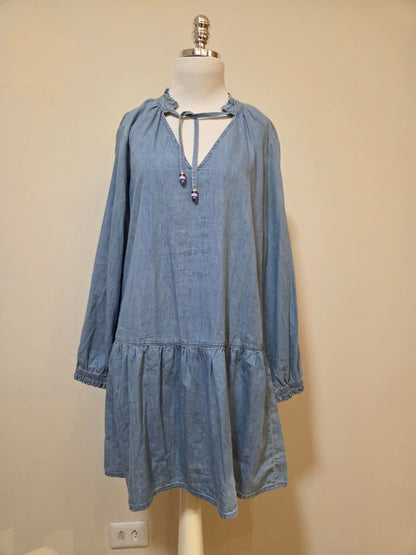 Vestido Maria Filó Curto Jeans Manga Comprida